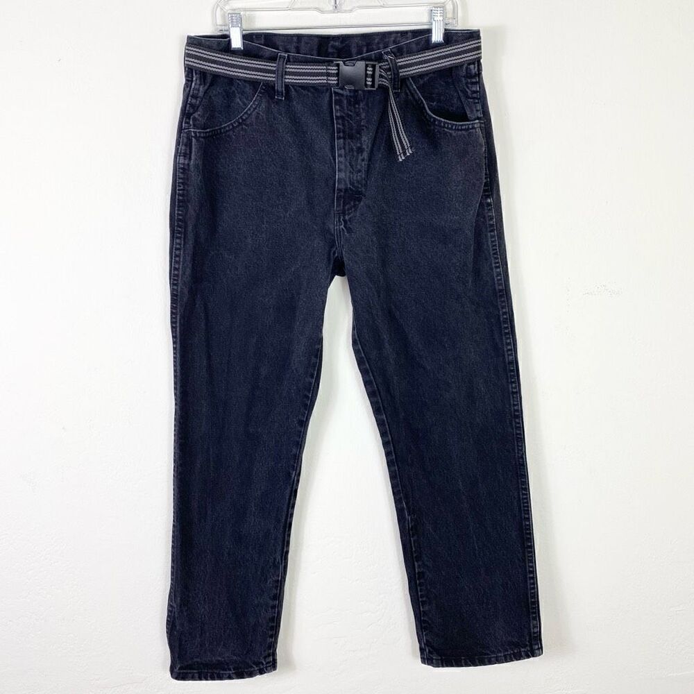 Vintage Rustler Men’s Faded Black Denim Belted Slim Straight Jeans Size 36:29